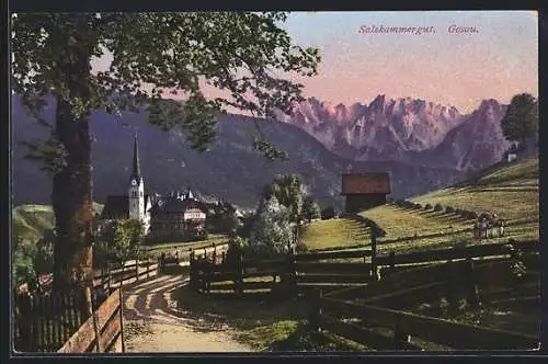 AK Gosau, Salzkammergut, Panorama mit Baum