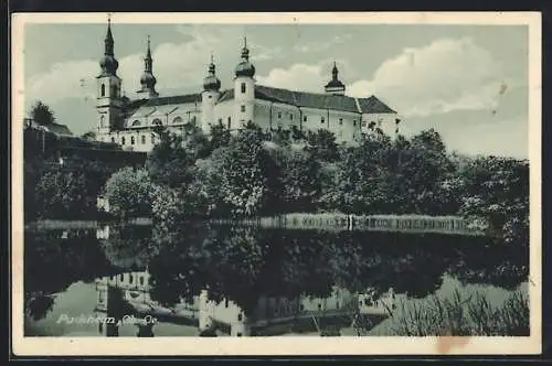 AK Puchheim /O.-Oe., Seepartie mit Blick zum Schloss