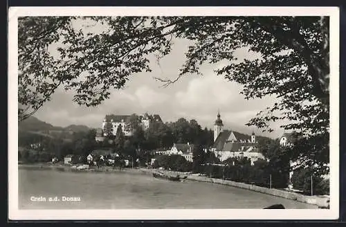 AK Grein a. d. Donau, Uferpartie mit Kirche