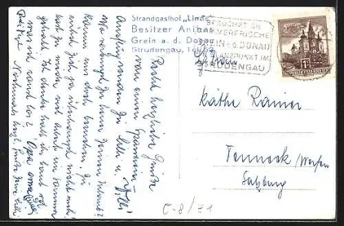 AK Grein a. d. Donau, Uferpartie mit Kirche