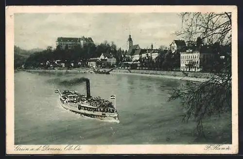 AK Grein a. d. Donau, Uferpartie und fahrender Dampfer