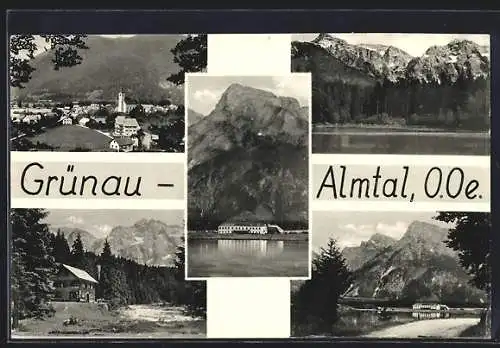 AK Grünau-Almtal /O. Oe., Uferpartie und Dorf aus der Vogelschau