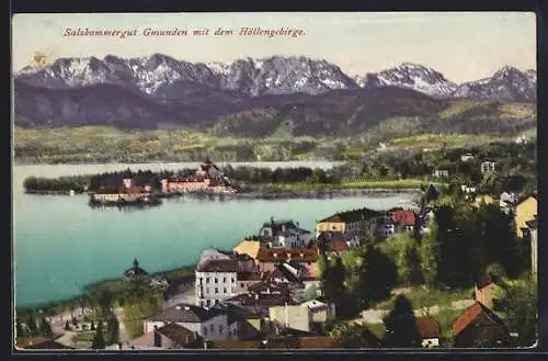 AK Gmunden / Salzkammergut, Teilansicht mit dem Höllengebirge