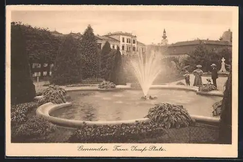 AK Gmunden, Franz-Josef-Platz mit Springbrunnen