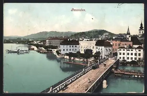 AK Gmunden, Seesteg mit Blick auf Hotel Astoria