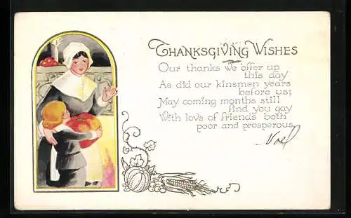 AK Thanksgiving Wishes, Mutter und Kind mit einem Kürbis