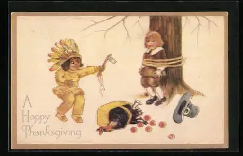 AK A Happy Thanksgiving, Kleiner Indianer fesselt Pilger an einen Baum