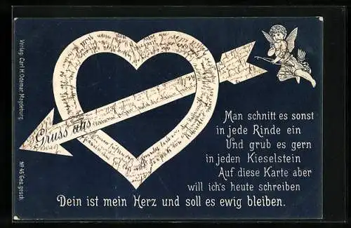 AK Amor mit Pfeil und Bogen, Pfeil trifft ein Herz