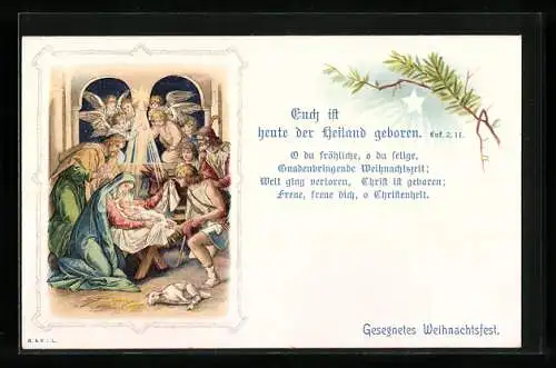 AK Weihnachtsengel schweben über der Krippe mit Christkind