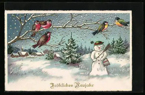 AK Schneemann steht unter einem Zweig mit Vögeln, Fröhliches Neujahr