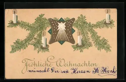 AK Fröhliche Weihnachten, Kerzen auf Tannenzweigen mit einem Stern