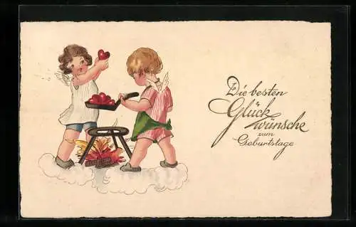 AK Amor erhitzt Herzen über einem Feuer, Geburtstags-Gruss