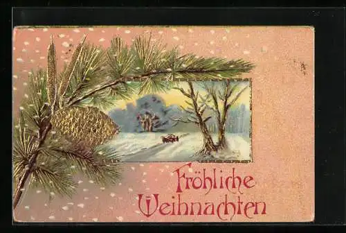 AK Fröhliche Weihnachten, Winterlandschaft mit goldenem Tannenzweig