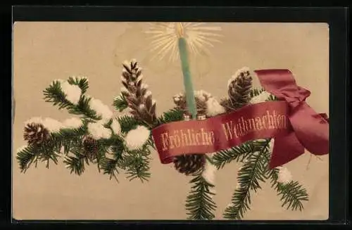 AK Fröhliche Weihnachten, Verschneiter Tannenzweig mit brennender Kerze