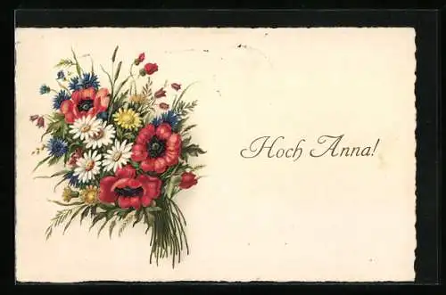 AK Hoch Anna, Namenstag, Blumenstrauss mit Mohn und Kornblumen