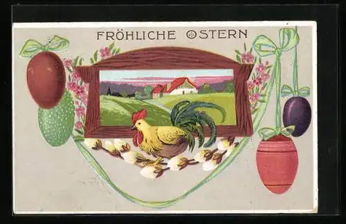 AK Fröhliche Ostern, Hahn auf einem Weidenkätzchenast und bunte Eier