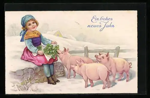 AK Neujahrsgruss, Kleines Mädchen füttert Schweine mit Klee