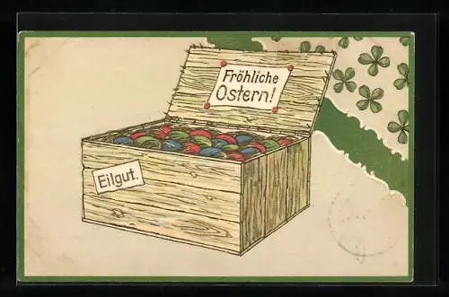 AK Fröhliche Ostern, Bunte Eier in einer Kiste