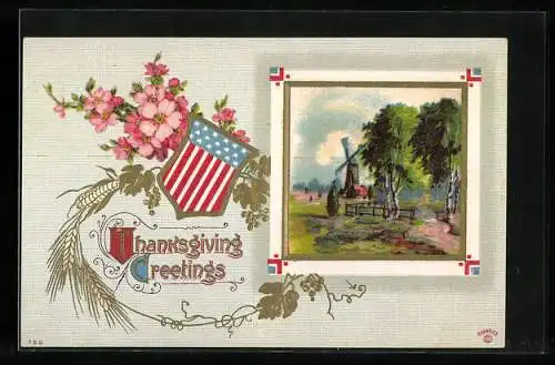 AK Thanksgiving Greetings, Dorfidyll mit Windmühle, Blüten und US-Fahne