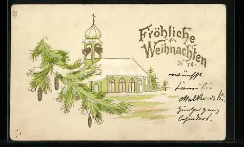 Präge-AK Fröhliche Weihnachten, Verschneite Kirche mit Tannenzweig