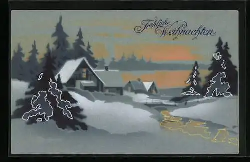 AK Fröhliche Weihnachten, Verschneites Dorf bei Nacht