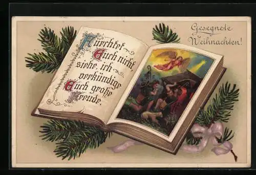 AK Gesegnete Weihnachten, Aufgeschlagenes Buch mit Krippen-Bild