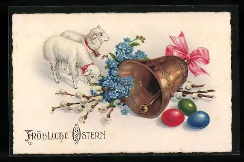 AK Fröhliche Ostern, Lämmer mit Ostereiern, Glocke und Vergissmeinnicht