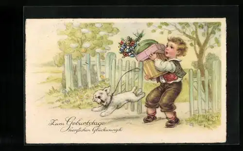 AK Junge und Hund gratulieren mit Blumen und Geschenken zum Geburtstag