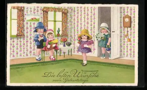 AK Gratulanten mit Blumen und Geschenken bei einem Geburtstags-Besuch