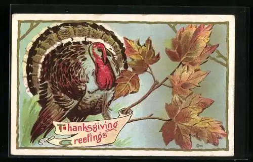 AK Thanksgiving Greetings, Truthahn und Herbstlaub