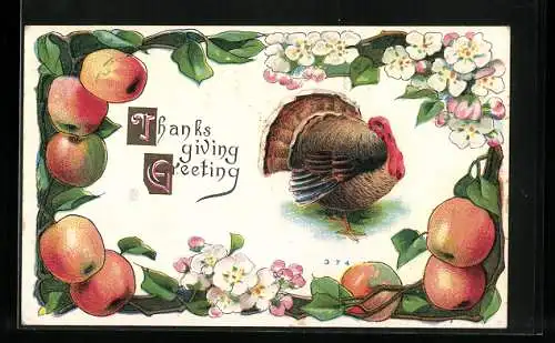 AK Thanksgiving Greeting, Truthahn und reife Äpfel