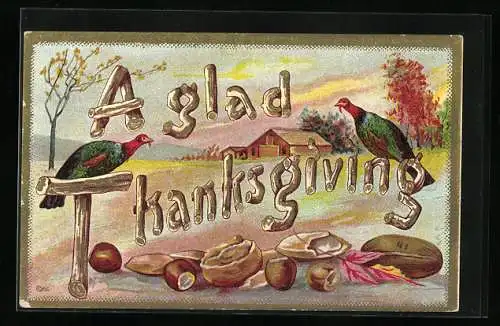 AK Thanksgiving, Truthähne mit Nüssen und Herbstlandschaft