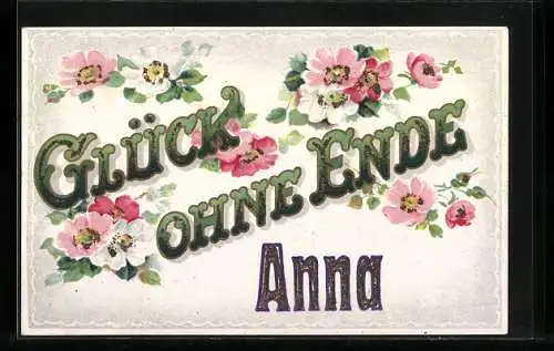 AK Gruss zum Namenstag, Name Anna, Rosenblüten