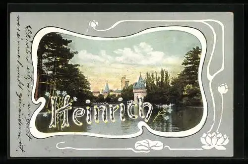 AK Namenstag Heinrich, Partie am See im Passepartout