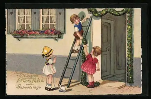 AK Kinder schmücken Türeingang, Geburtstags-Wünsche