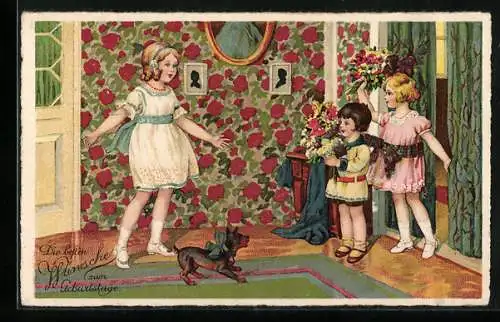 AK Mädchen mit Hund empfängt Geburtstags-Gäste