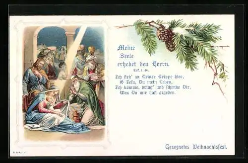 AK Gesegnete Weihnachten, Krippenszene mit Christkind und heiligen drei Königen