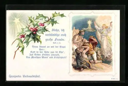 AK Weihnachtsengel erscheint den Hirten, Stechpalmenzweig und Weihnachtsstern