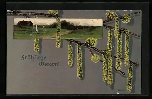 AK Fröhliche Ostern, Frühlingslandschaft in Passepartout mit Weidenzweig