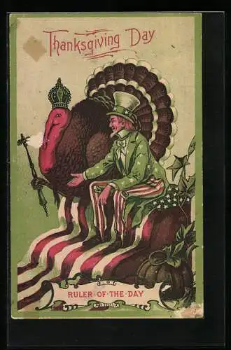 AK Thanksgiving, Ruler of the Day, Uncle Sam und Truthahn auf einer US-Amerikanischen Flagge