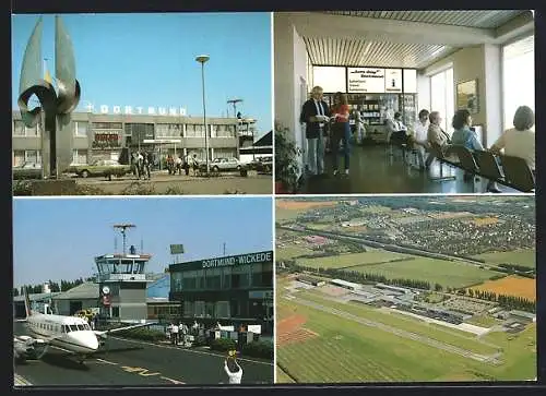 AK Flughafen Dortmund-Wickede, Luftaufnahme, Tower, Wartehalle mit Aero-Shop