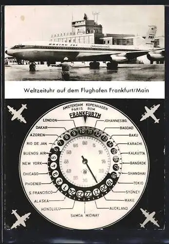 AK Frankfurt am Main, Flugzeug Passagierjet Boeing 707 Intercontinental, Weltzeituhr