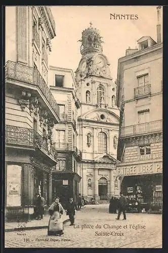 AK Nantes, La place du Change et l`église Sainte-Croix