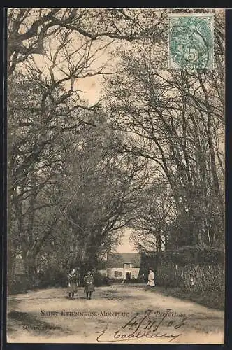 AK Saint-Étienne-de-Montluc, Allée bordée d`arbres avec des enfants et une maison en arrière-plan