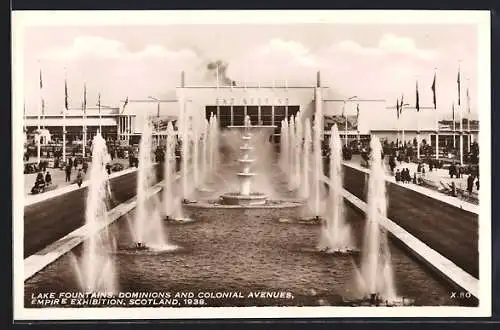 AK Glasgow, Empire Exhibition 1938, Lake Fountains, Dominions and Colonial Avenues