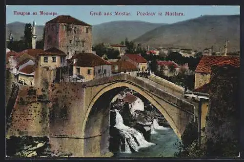 AK Mostar, Ortsansicht mit Brücke