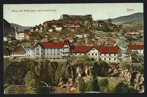 AK Jajce, Blick auf Burg und Stadt mit Grand-Hotel