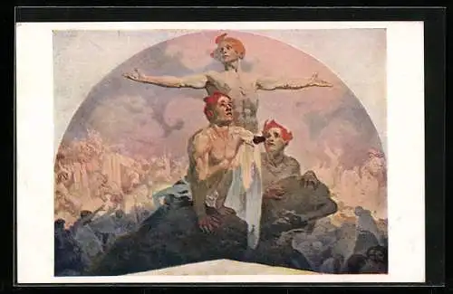 Künstler-AK Alphonse Mucha: L'Eveillement, Silou k svobodé, láskou k svornosti!