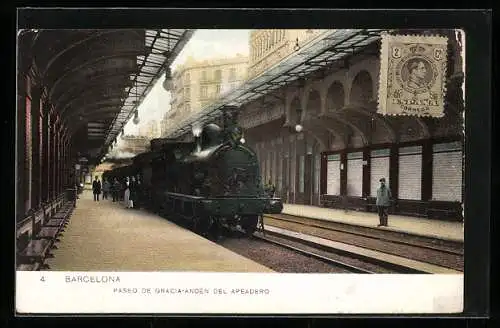 AK Barcelona, Paseo de Gracia-Andén del Apeadero, Bahnhof mit haltendem Zug