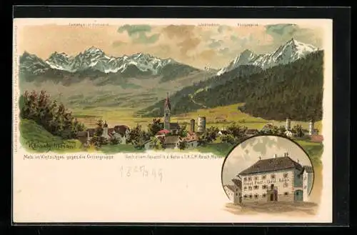 Künstler-Lithographie Mals im Vintschgau, Hotel Post-Goldener Adler, Ortsansicht gegen die Ortlergruppe